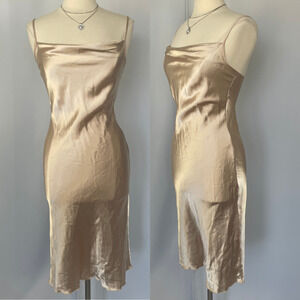 bebe Slip Dress Size XS Gold Tan Satin Cowl Neck Midi Silky Sexy Minimal Party